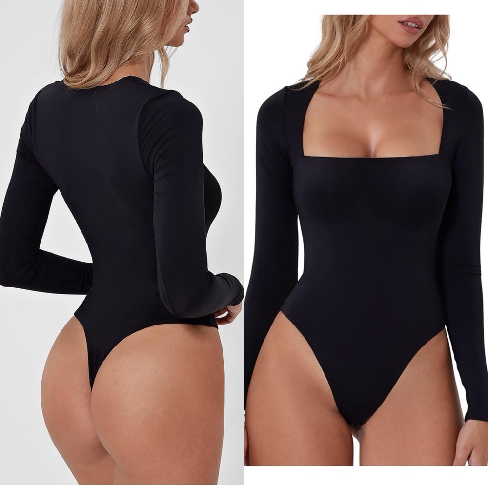 QINSEN Women's Sexy Square Neck‎ Bodysuit Long Sleeve Double Lined Shirt Tops M